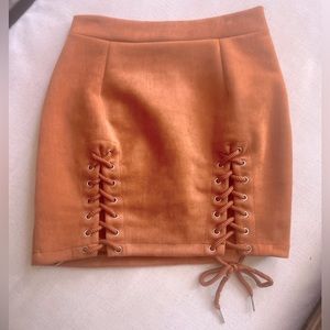 Women Solid Criss cross Faux Suede Mini Skirt Khaki